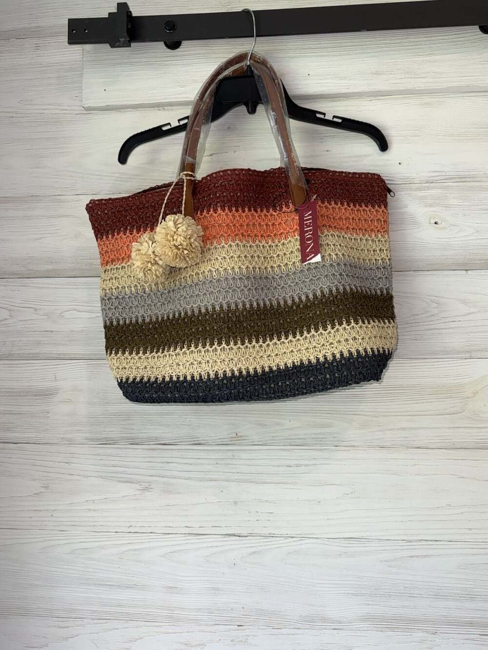 Merona Multicolor Striped Crochet Woven Tote Bag with Pom Poms